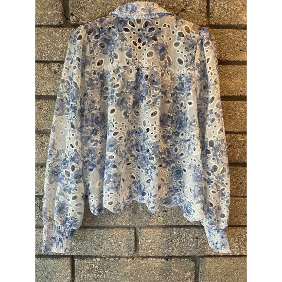 Caroline Costas Eylet White and Blue floral top Sz S - Picture 9 of 11